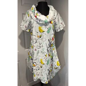 Abstract Spring Cowl Neck Dress Short Sleeve White Multi-Color Medium Pocket